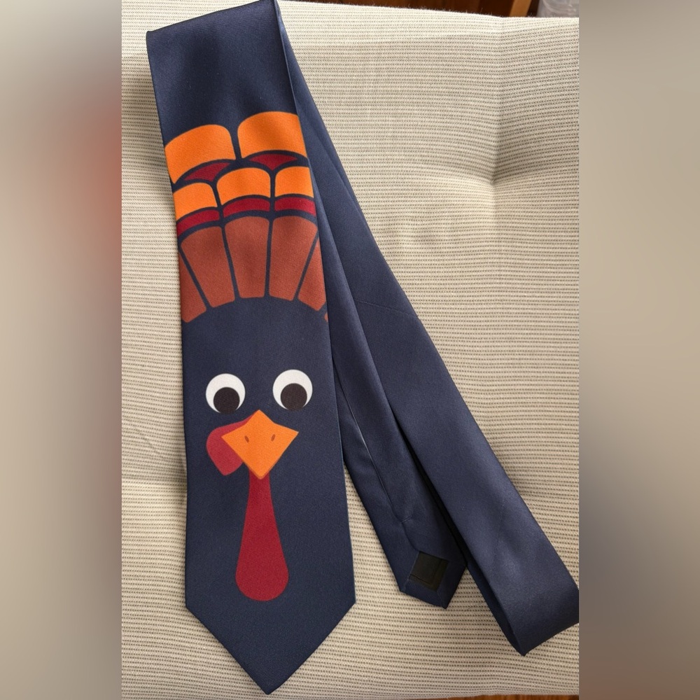 Three Rooker Turkey Design Men's Tie - Navy Orange approximately 60 inches long